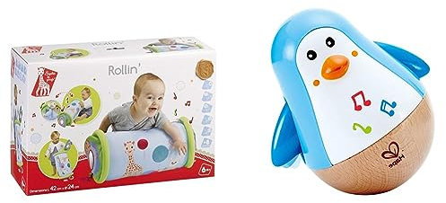 Sophie la Girafe – Rollin Activity Bolster – Frühes Lernspielzeug für Kinder & Hape Stehauf-Pinguin, Stehaufmännchen mit Klang, blau, ab 6 Monaten
