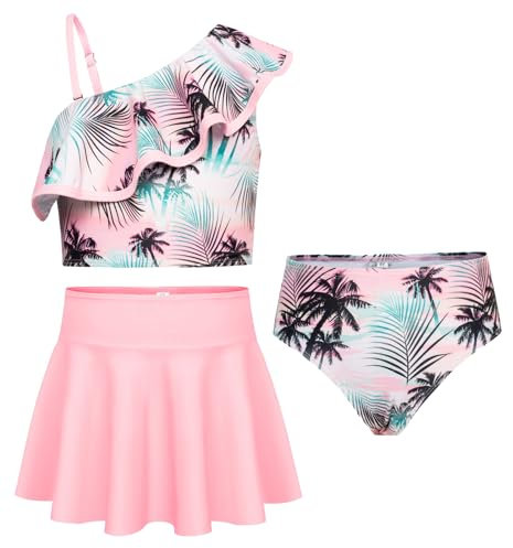 GRACE KARIN Mädchen 3pcs Bikini Set Hawaiian Strand Meerjungfrau Tankini Rosa Palme 7 Jahre