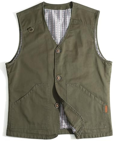 MeiLayM Hombres Al Aire Libre Chaleco Ligero Pesca de Algodón Chaqueta Casual Multi Bolsillo Chaleco Sin Mangas Respirable Trabajo Chaleco Cámping Fotografía Viajes Verde militar,M