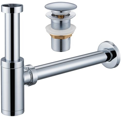 Ulytid Siphon avec Robinet de Vidange, Sans Trop-Plein, Robinet de Vidange à Clapet, Universel Pour évier et Lavabo, Désodorisant avec Orifice de Nettoyage, Acier Inoxydable Réglable en Hauteur, Chrom
