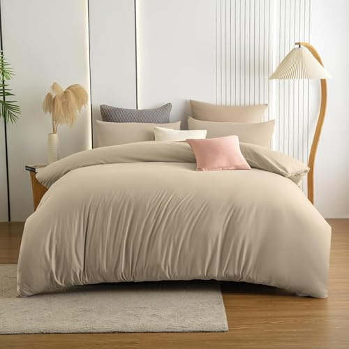 Soifox Funda de Edredón Super King Beige Arena, Juego de Ropa de Cama de Microfibra Sólida Superking Funda de Edredón con 2 Fundas de Almohada a Juego, Ultra Suave Sin Plancha Transpirable (Super King