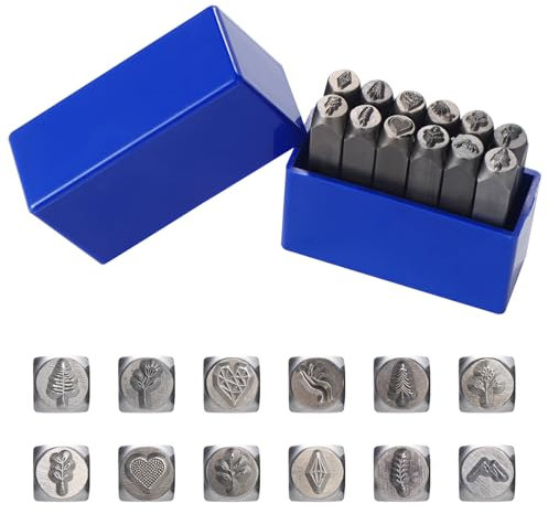 Gueenky 12 Stück Metallstempel Set, 2mm/5mm/6mm Schlagstempel Pflanzen Motiven Symbol Metallstempel Motiv Blume Pflanzen Herz, Schlagstempel Metall zum Stempeln von Metall Kunststoff Holz Leder