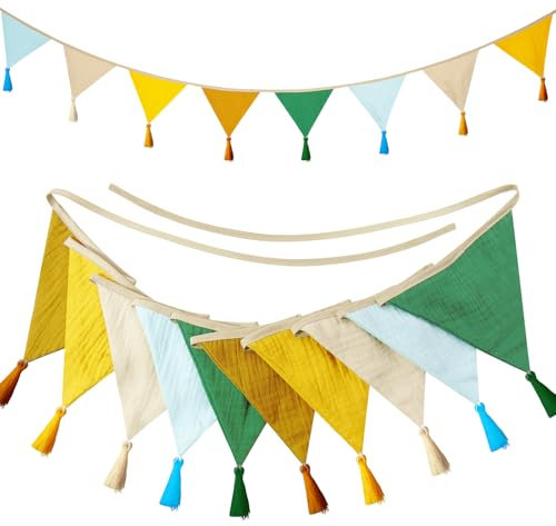 HTOBRIC Stoff Wimpelkette mit Quasten, Baumwolle Stoffgirlande Beidseitig, 2.6M Stoff Wimpel Girlande mit 10 STK Farbenfroh Wimpeln für Hausbett, Kindergeburtstagsfeier Deko