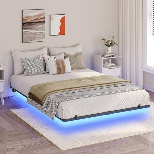 MAHANCRIS Bettgestell 140 x 200 cm, Schwebender Bettrahmen, Bettrahmen mit LED und Ladestation, Holzlattenstütze, Doppelbettgestell, für Schlafzimmer, Gästezimme, Schwarz und Holzfarbe ABFHN637UE01