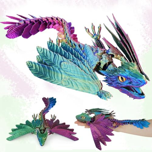 3D Gedrucktes Drache mit Flügeln, 30CM Fliegender Drachen Spielzeug mit Augen und beweglichem Mund, Gelenke Kristall Drachen, Geheimnisvolle Realistische Drachen Figuren (Gefiederter Wyvern Drache-D)