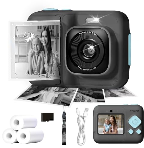 ETIKEZ Kids Camera, 1080P Instant Digital Print Camera for Kids, Christmas Birthday Gifts for 4 5 6 7 8 9 10 Year Old Girls Boys, Portable Toy with 1 Pack 32GB SD Card & 3 Pack Printing Paper, Black