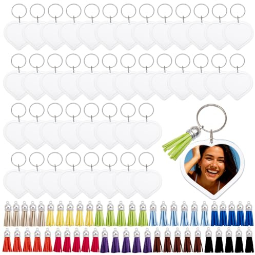 DELORIGIN 100 piezas corazón marco de fotos llavero de acrílico con borlas encanto pequeño inserto de foto transparente llavero con anillo marco de fotos llavero para amantes