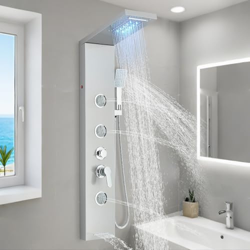 Rozin LED Shower Panel with Mixer 6 Shower Modes: Rain and Waterfall 3 Body Massage Jets Handset and Bath Spout Stainless Steel Shower Column Brushed Nickel Shower Panel