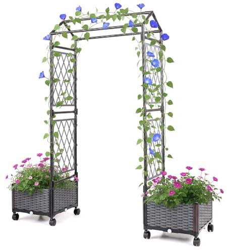 GOPLUS Arco de Jardín con 2 Cajas de Plantas, Enrejado de Arco para Exterior con 2 Jardineras, Ruedas Bloqueables, Techo Colgante y Orificios de Drenaje, Maceta Decorativa Móvil para Bodas (Gris)