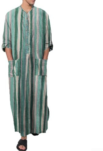 Bata caftán Jubba Thobe de manga larga para hombre - Ropa de algodón y poliéster para oración musulmana, bata árabe tradicional saudita (L verde)