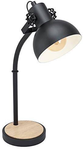 EGLO Tischlampe Lubenham, 1 flammige Vintage Tischleuchte im Industrial Design, Retro Nachttischlampe aus Stahl und Holz, Farbe: Schwarz, braun, Fassung: E27, inkl. Schalter