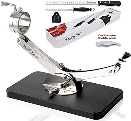 Hidalgo - Supporto per prosciutto in acciaio inox con base in polietilene nero + set coltello per prosciugamo, piastra e pinza 3 chiavi + regalo copriprosciugamo.