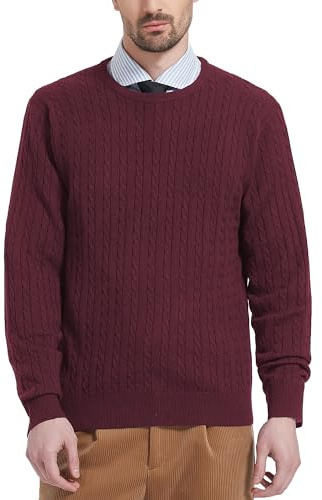 Kallspin Men’s Wool Blend Jumper Sweater Cable-Knit Crewneck Pullover Casual Knitwear(Burgundy, L)