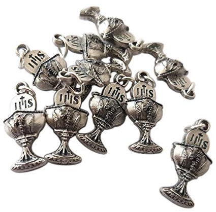 Mini Calice Première Communion - Pendentifs plaqué argent - Breloques pour des faveurs de bricolage - Bijou artisanal - Charm taille: 2 x 1,1 x 0,5 cm - 10 pièces