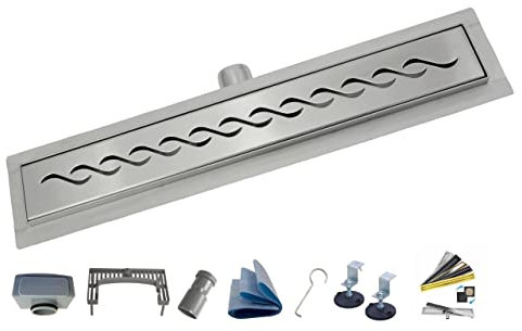 AQUA HEATING Welle linearer Edelstahl-Bodenablauf superflach Einbauhöhe 52mm Komplettset für Badezimmer mit bodengleicher Dusche, Duschrinne Ablaufgarnitur-Set, Duschablauf Siphon Rost 70 cm Silber