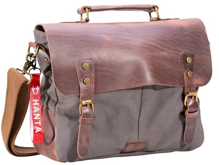 HANTA Nature Messenger Bag, Umhängetasche aus Leder und Canvas, Kuriertasche für den Alltag oder Reisen, Vintage Laptoptasche für Damen und Herren - Grau