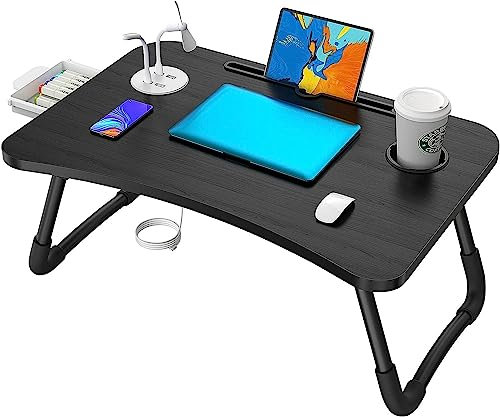 Elekin Tavolino PC Letto Scrivania da Tavolo Supporto USB/Portabicchieri su Divano Letto con Piccola Lampada da Tavolo e Piccolo Ventilatore Nero Tavolino Colazione Pieghevole