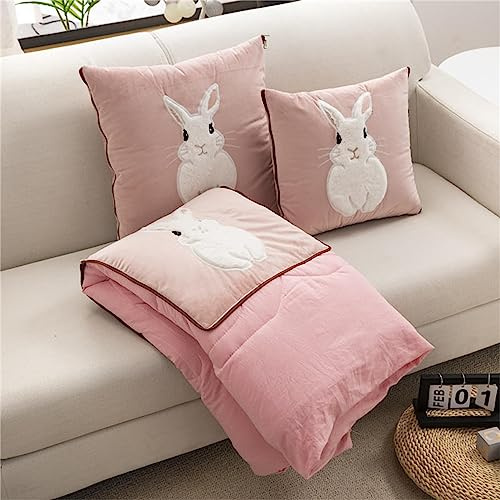 Surwin Cuscino Coperta 2 In 1,Disegno Jacquard Motivo Cartone Animato Coperta da Viaggio Trapunta Trapuntato Estivo Supporto per Schiena Cuscino per Divano (150x200cm,Coniglio dei cartoni animati)