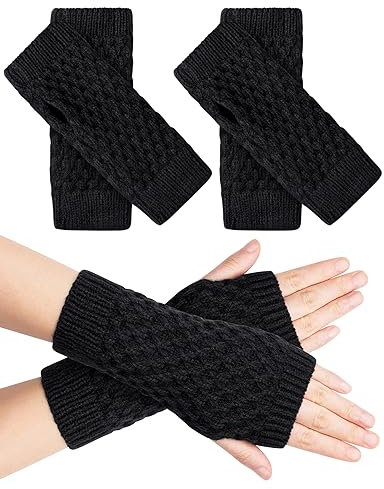 MELLIEX 2 Paar Halb Fingerlose Handschuhe Winter Pulswärmer Handschuhe mit Daumenloch Warm Strick Handstulpen Unisex，Schwarz + Schwarz