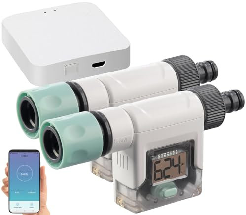 Royal Gardineer Wassermengen-Messer: 2er-Set smarte Wasserzähler für Gartenschlauch, mit WLAN-Gateway & App (Digitale Wasserzähler WLAN, Gateway, Bluetooth, Waschmaschine)