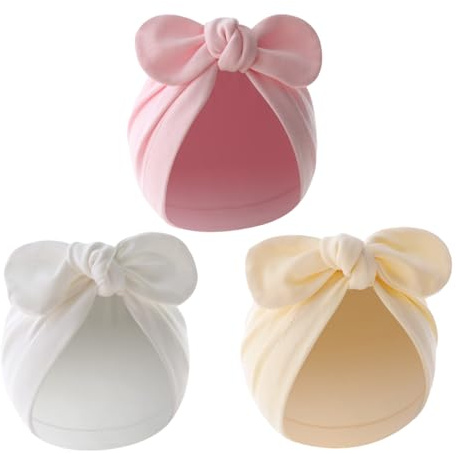 3 Pièces Bonnets de Naissance Baby Bowknot Turban Chapeaux Extensibles en Coton Casquette Chaude Respirante Chapeaux Nœuds Papillons Casquettes Bonnets pour Nouveau-Né Bébés Fille Garçon (Coton, A)
