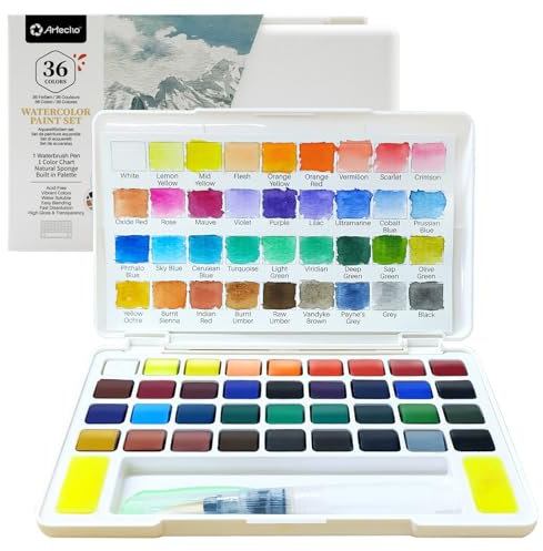 Artecho Aquarellfarben Set 36 Farben in Tragbarer Box, Mit Wassertankpinsel, Aquarell für Reisen, Wasserfarben für Künstler und Hobbymaler