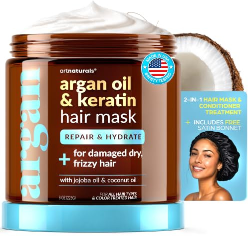 Set Masque Capillaire à l'Argan Artnaturals + Bonnet en Satin - (8 Oz/226g) - Traitement Hydratant Profond - Huile de Jojoba, Aloe Vera & Kératine - Répare les Cheveux Secs, Abîmés, Colorés, Favorise