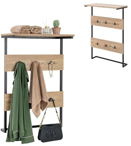 HOMASIS Porte-manteau Mural avec Etagère Cadre en Métal, Etagère Murale Suspendue avec 6 Crochets et Etagère de Présentation, Portant à Vêtements avec Etagère Peu Encombrante pour l’Entrée, Chambre, S