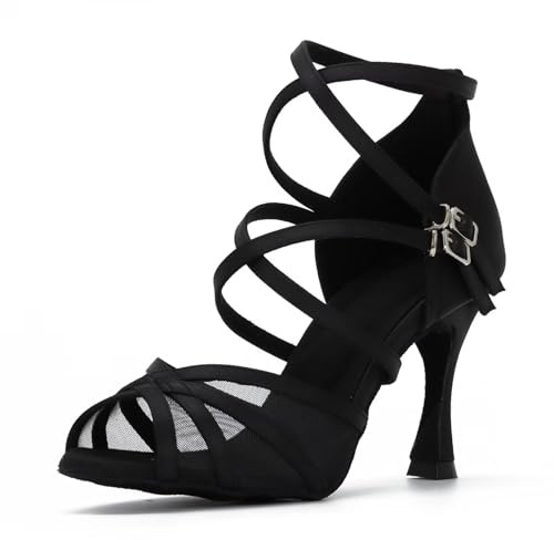 Syrads Syrad Zapatos de Baile para Mujeres Zapatos de Boda de salón Latino Zapatos de Baile Formales de Boda Nupcial de Malla,Negro 9cm Heel,39 EU Size