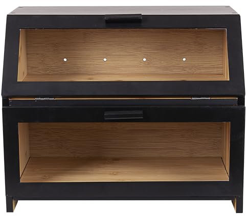 Woodluv Bread Bin, Wooden Double Layer Bread box Countertop, Large Capacity Multi-Purpose Kitchen Storage Organizer for Bread, Pastries & Snacks, Black