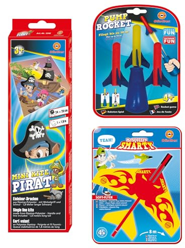 Günther Flugspiele 1715 - Mini-Dragon Pirat prêt à Voler env. 24 x 25 cm, Planeur à Lancer Avion env. 17 cm & Jeu de fusée Pump Rocket y Compris 3 fusées en Mousse