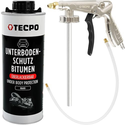 TECPO Protezione sottoscocca bitume verniciabile, 1 litro di aspirazione nero UBS Set con pistola a spruzzo ad aria compressa per protezione da pietrisco, protezione carrozzeria, antiruggine