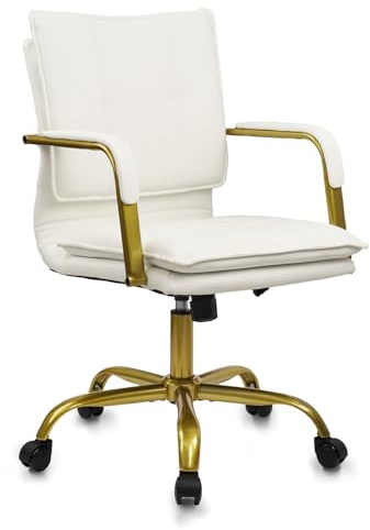 CLATINA Leather Home Office Chair Adjustable Height Executive Chairs with Padded Armrest, Swivel Mid-Back Computer Desk Chair with Gold Legs, Comfy Upholstered Task Chair with Wheels, White