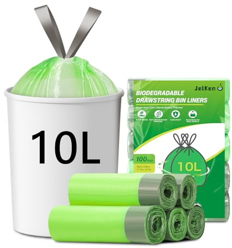 JelKen 100 Biodegradable Bin Liners 10L with Drawstring Tie Handle, Food Waste Bags Strong Trash Bags (45 x 50cm)