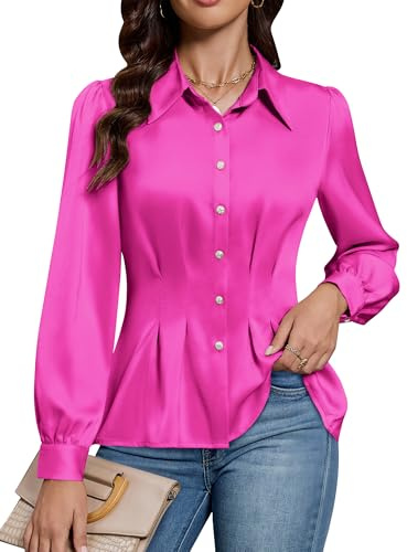 Blooming Jelly Women Silk Button Down Shirts Dressy Casual Long Sleeve Tops Fall Business Blouse Outfits 2025 (Medium,Hot Pink)