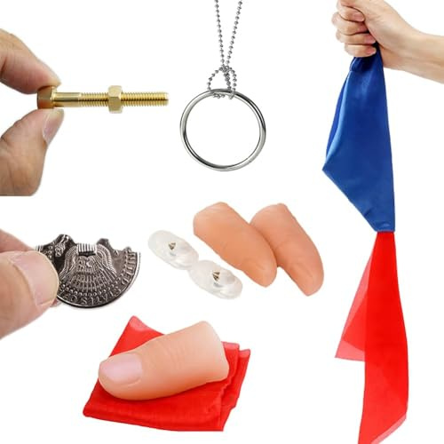 YUYWWAN Kit de Coffret Magie, Doigt Lumineux Magie, Foulard Magicien, Faux Doigt Magic, Pièces Magique, Vis et Chaîne Tour de Magicien, Accessoires de Magies pour Fêtes, Bars et Rues (6 Sets)