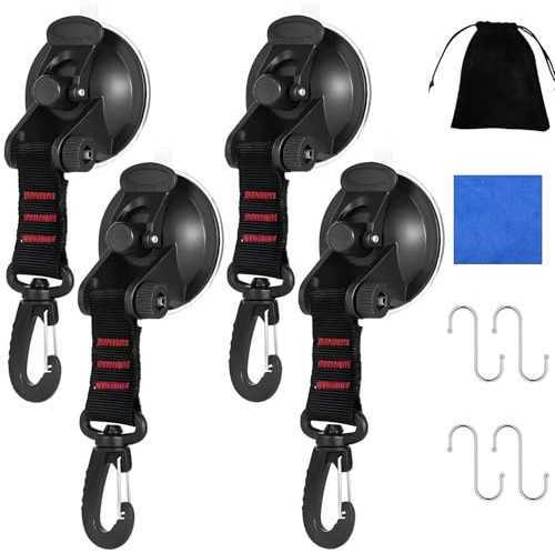 Xinxinphi 4 Pezzi Ventose con Gancio Fissaggio & 4 Ganci S, Ventosa Campeggio Auto Multifunzione, Ancoraggio Ventosa Vuoto Extra Forte, Accessori Camper per Tenda, Tendalino, Vetro, Piastrella