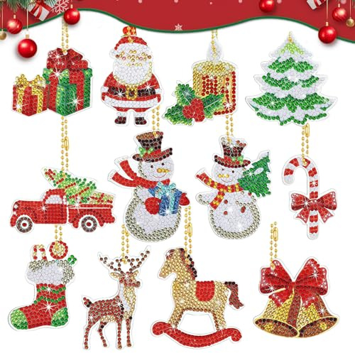 LUMOOM Lot de 12 peintures diamant 5D - Kit de bricolage pour enfants - Porte-clés DIY - Pendentif de peinture diamant - Bricolage pour cadeau et décoration de Noël (Père Noël)