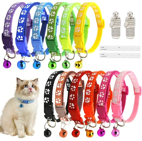 12-Stück Katzenhalsband,Halsband Katze Katzenhalsbänder mit Sicherheitsverschluss Katzen Halsbänder mit Glöckchen Reflektierend Katze Halsband Verstellbar(2 Packungen Anti-Lost Tags)