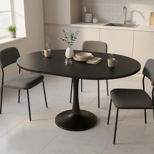 Tavolo da pranzo rotondo allungabile, nero, tavolo da cucina 100/140 x 100 x 75 cm, posti 2-6 posti, versatile mobile per sala da pranzo per spazi multifunzionali