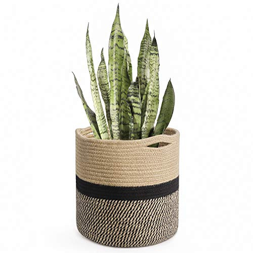 TIMEYARD Cesta de yute resistente para plantas, cesta tejida moderna para macetas de 10 pulgadas, cesta organizadora de almacenamiento de 11 x 11 pulgadas, decoración rústica del hogar, rayas negras y