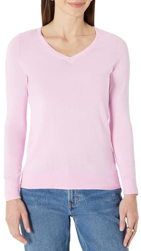 Amazon Essentials Women's Regular-Fit Lightweight V-Neck Long-Sleeve Jumper (Available in Plus Size), Pale Pink, L