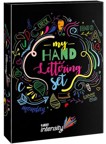 BIC My Hand Lettering Kit - Stylos Feutres Intensity (x20 / 0,4 mm)/Medium (x12 / 0,7mm)/Dual Tip (x12 / Pointe Fine + Pinceau) et Modèles de Calligraphie, Coffret Cadeau de 44