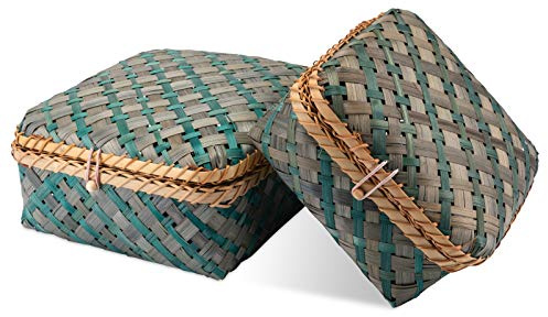 Decorasian Kiste geflochten aus Bambus - dekorative Truhe mit Deckel blau grün Set M+L