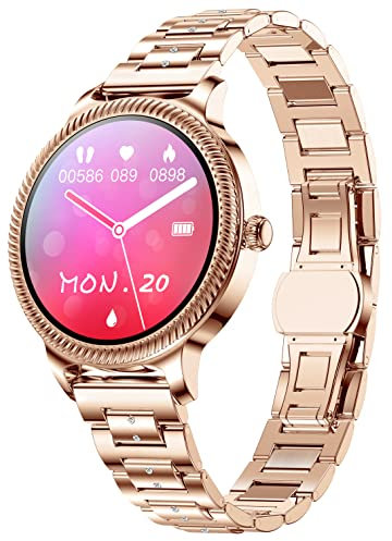 Smartwatch Damen Silber Gold Rosegold Rund Metallarmband Edelstahl Fitness Uhr mit Blutdruckmessung Schmuck Armreif Armkette Pulsuhr Schrittzähler Android Tracker Frauen Metall Mode Elegant Diamant