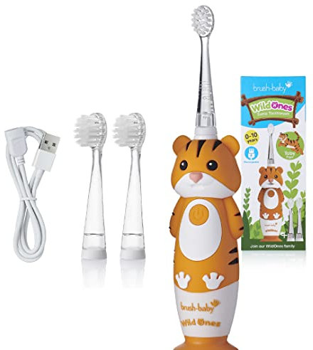 Brush-Baby – Wiederaufladbare Elektrische Kinderzahnbürste, 0–10 Jahre – WildOnes, Tiger-Design mit Blinklichtern – DeepClean-Borsten für Gründliche Reinigung – 2 Ersatzköpfe & 1 USB-Kabel