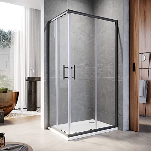 ELEGANT 800 x 700 mm Black Sliding Corner Entry Shower Enclosure 6mm Extra Toughened Safety Glass Sliding Cubicle Door