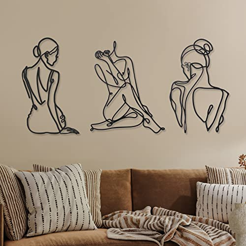 Decorazione artistica da parete in metallo minimalista, 3 pezzi, stile astratto e moderno con donna, da appendere alla parete, disegno decorativo con sagoma femminile con singola linea da appendere
