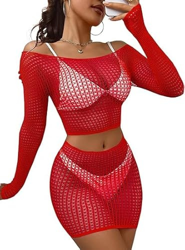 Buitifo Lingerie pour Femme Maille Mini Robe Sexy Nuisette Babydoll de pêche Corset sous-Vêtement(Rouge,Taille Unique)