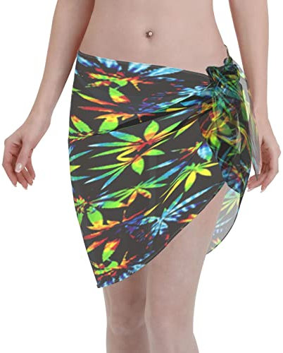 Women Swimwear Cover Ups Tie Dye Pot Leaf Weeds Short Sarongs Beach Wrap Sheer Bikini Wraps Chiffon Black